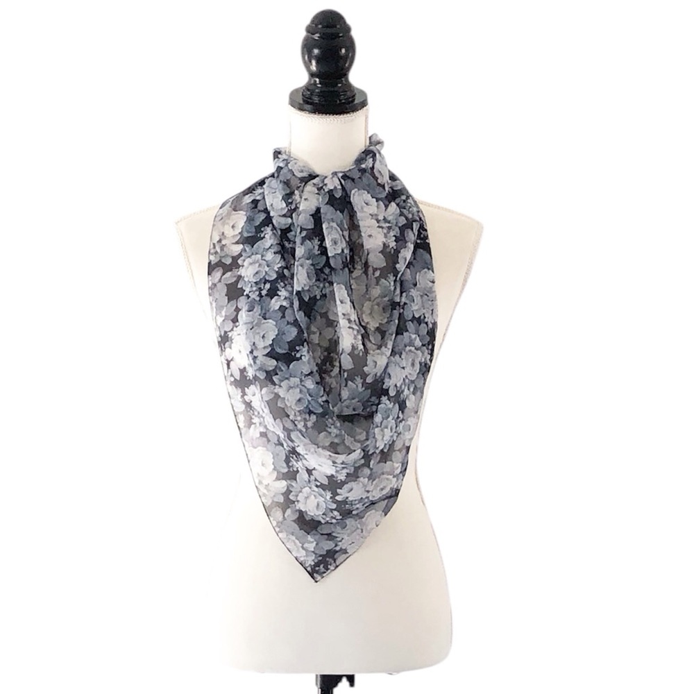 $15 or 2/$20 Vintage Navy Blue & White Sheer Floral Scarf - 31” Square